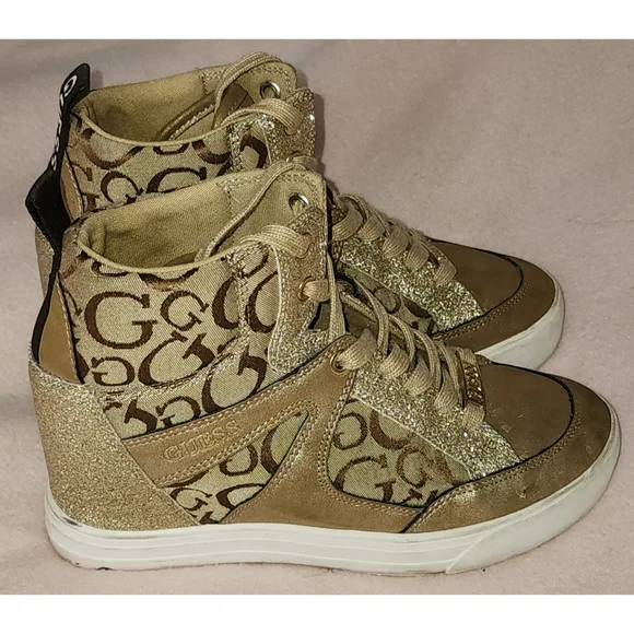 Guess Women's WGTONIGHT3 High Top Sneakers Beige Brown and Gold Glitter - Picture 1 of 9